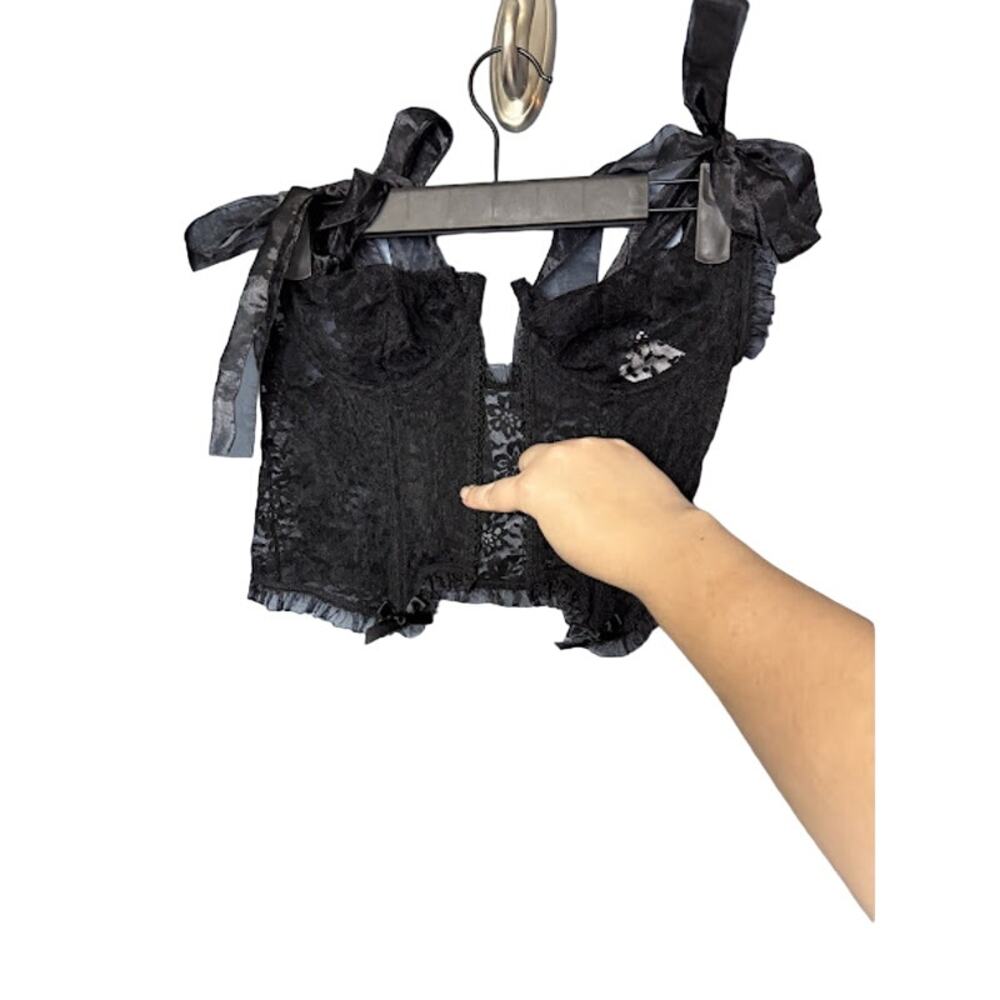 Lace Up Front Corset (Missing String) Bow Tie Shoulder Sheer Feminine Whimsygoth